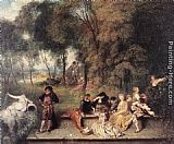 Jean-antoine Watteau Famous Paintings - Merry Company in the open air